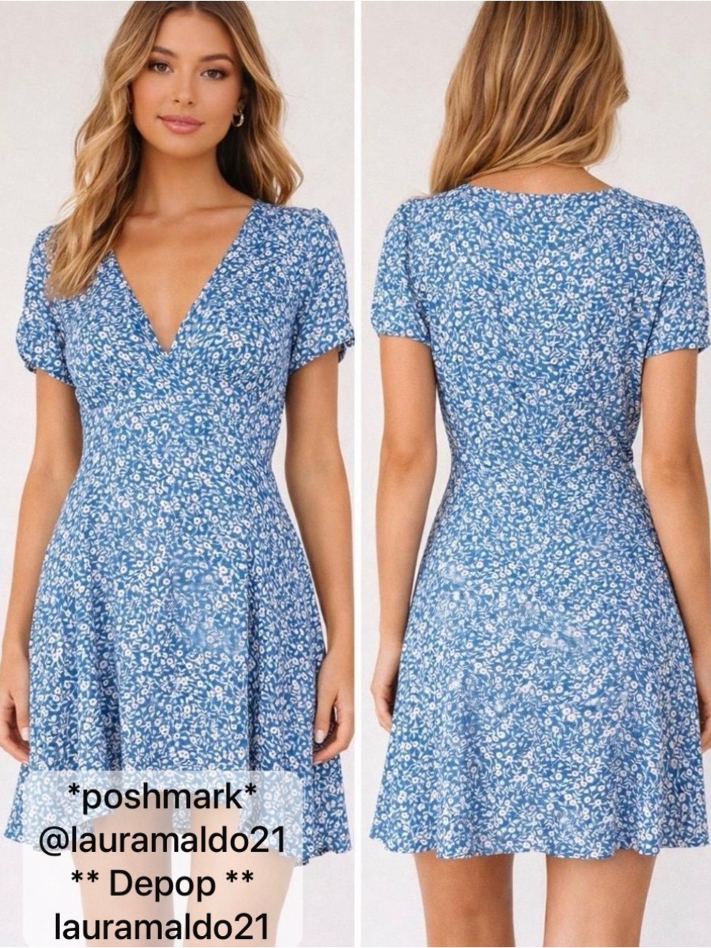 Uniqlo Blue Floral V-Neck Fit & Flare Midi Dress